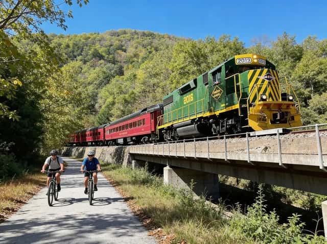 A crushed stone rail trail winding next to the Lehigh River through a deep, forested gorge.