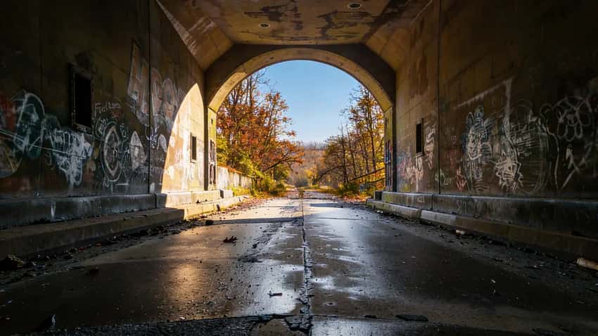 The light at the end of the tunnel: a view looking out from the eastern portal of the abandoned Sideling Hill Tunnel in Pennsylvania