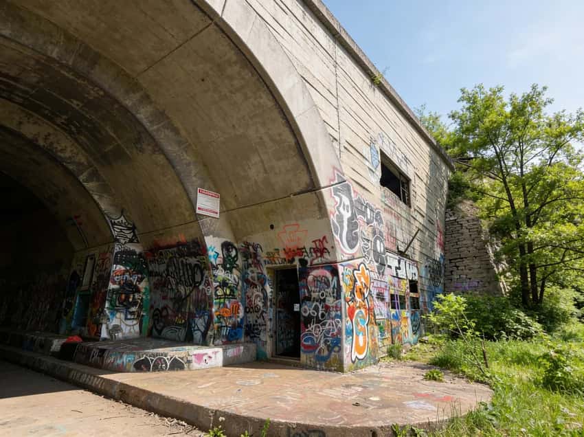 The Breezewood trailhead parking area on the abandoned Pennsylvania Turnpike lanes