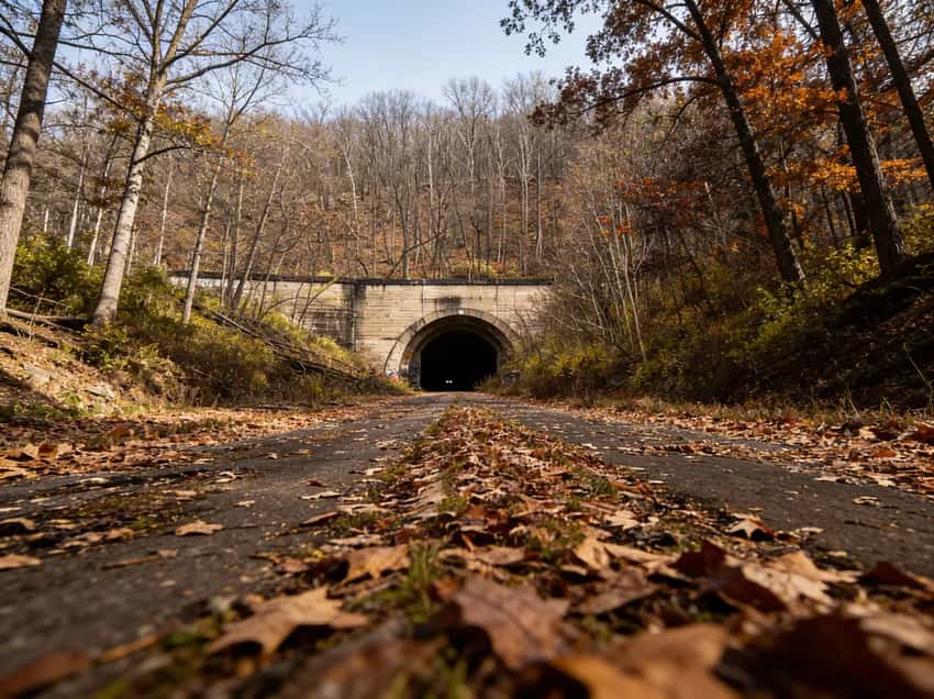 Nature reclaiming the abandoned highway near the eastern portal of Sideling Hill Tunnel