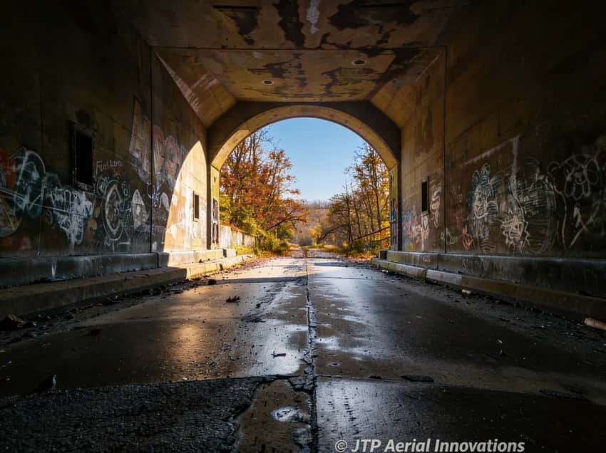 Multi-layered graffiti and street art on the concrete walls of the abandoned tunnels