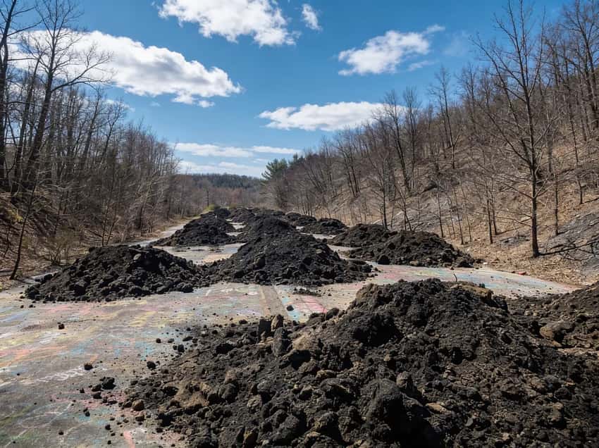 Overcast panoramic view of Centralia showing the venting depression areas