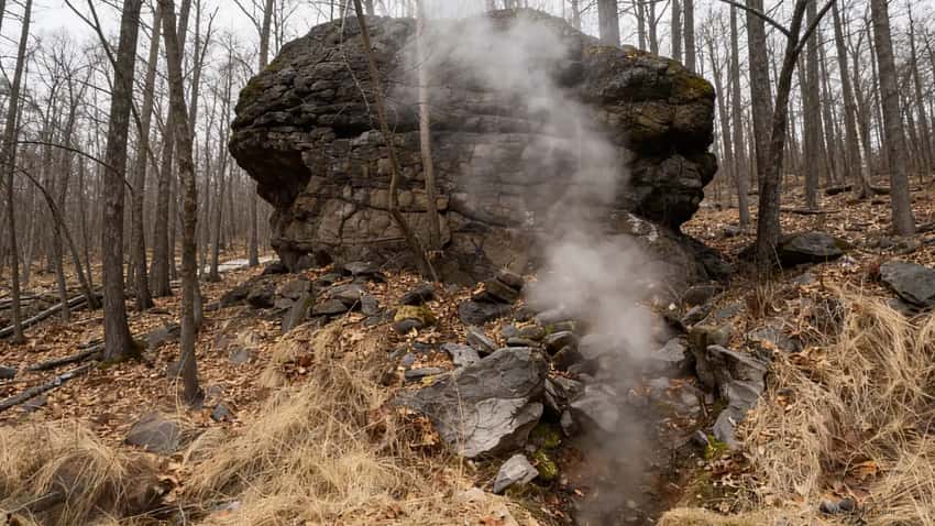 Steam and sulfurous smoke venting from cracks in the ground above the decades-old underground coal mine fire in Centralia