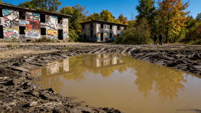 Graffiti-covered concrete walls of the abandoned Concrete City complex in Nanticoke PA, a historic abandoned site recognized by the Pennsylvania Historical and Museum Commission