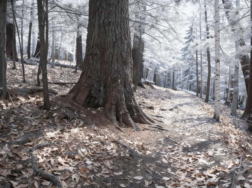 Forest Cathedral showing towering white pines and hemlocks with filtered sunlight