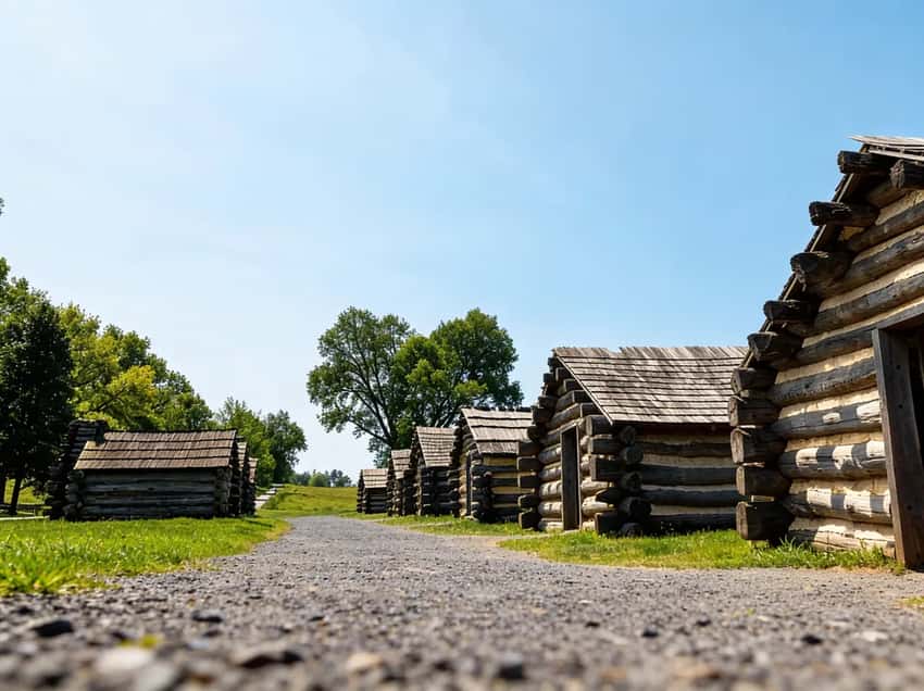 Interior and exterior view of National Muhlenberg's Brigade cabins at Valley Forge
