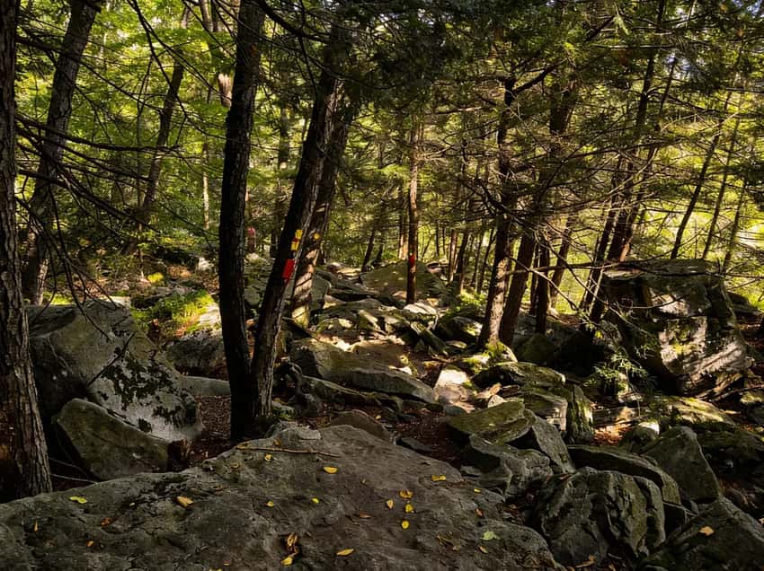 Steep ascent passing rock formations on the High Rock Trail at World's End State Park