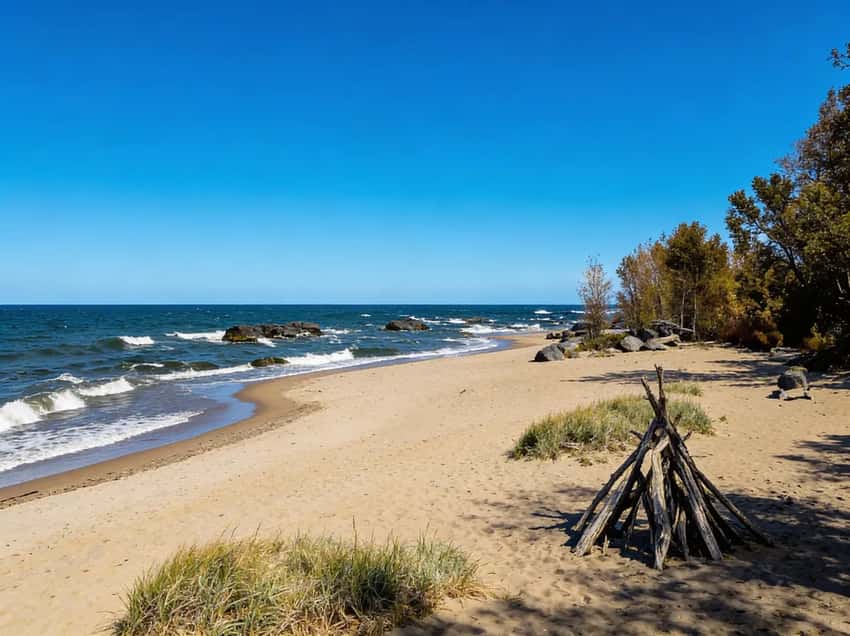 Birders at Gull Point shoreline with binoculars at Presque Isle State Park