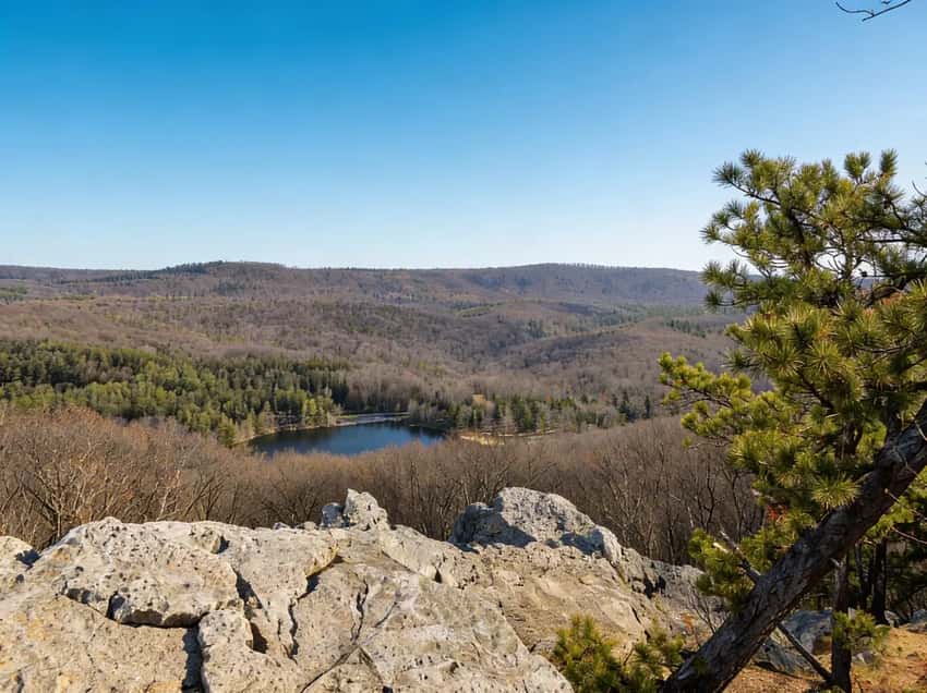 Pole Steeple overlook at sunset, showing Laurel Lake below