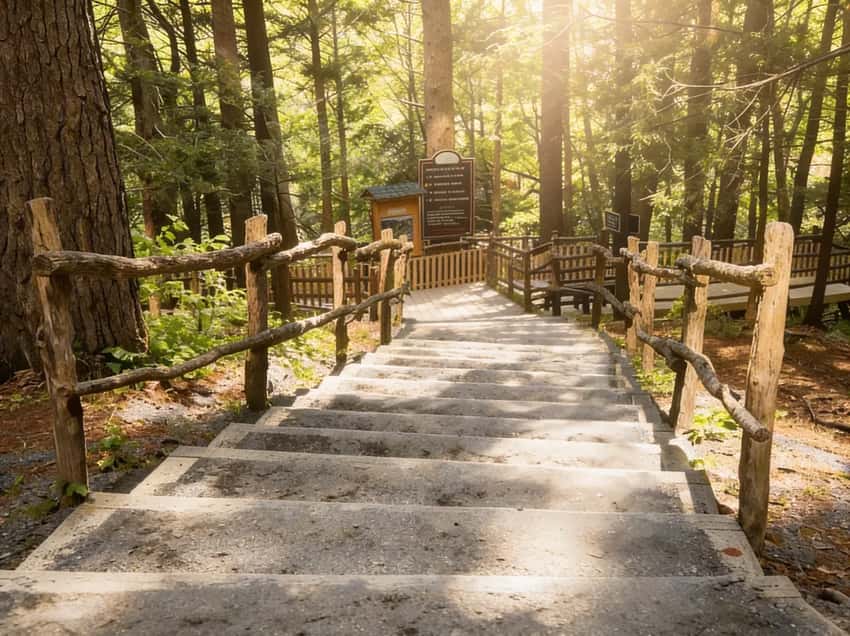 Steep wooden stairs descending through forest on Bushkill Falls Red Trail
