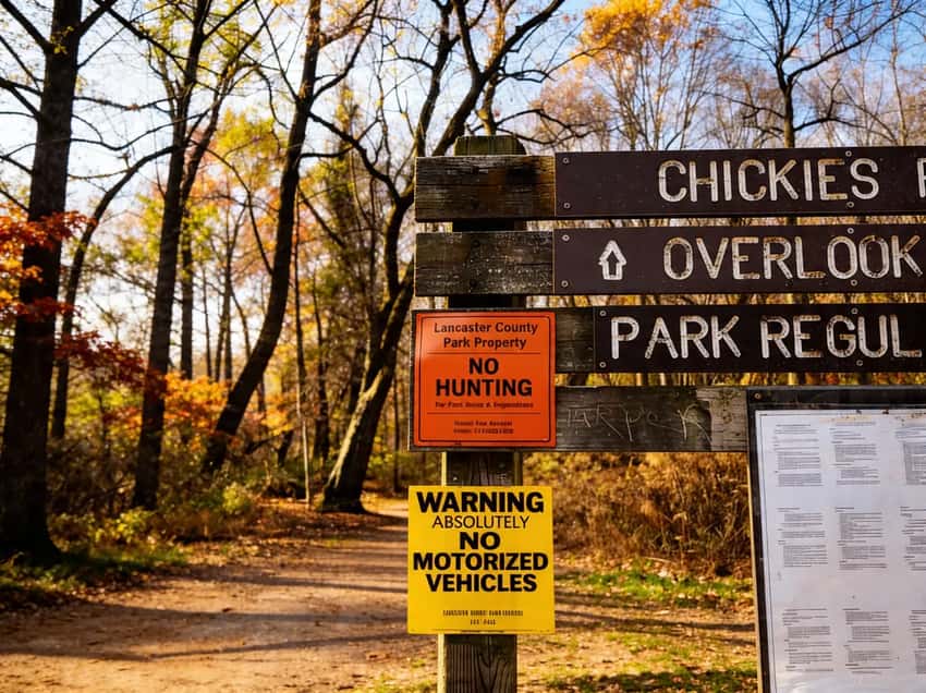 Sign for Chickies Rock County Park at the trailhead.