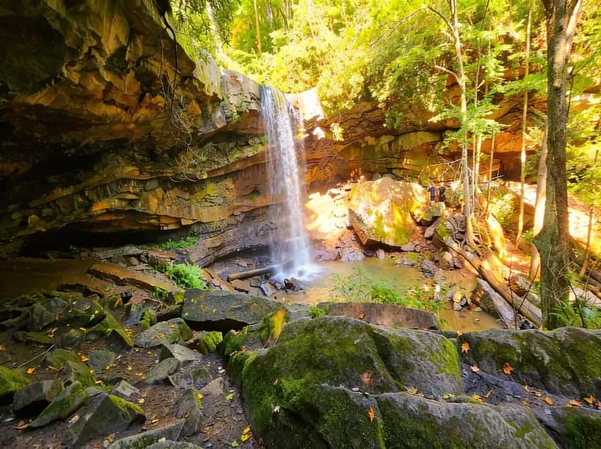 Cucumber Falls side view showing the full 30-foot plunge curtain