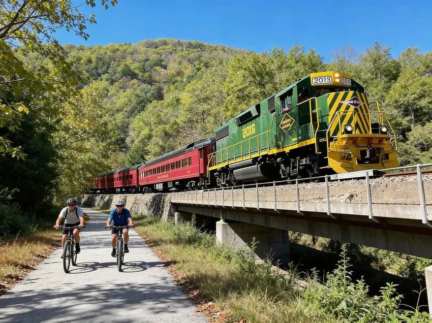 A crushed stone rail trail winding next to the Lehigh River through a deep, forested gorge.