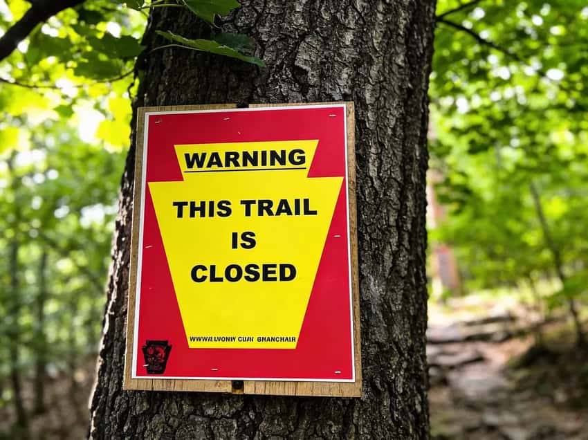 No trespassing signs at closed Glen Onoko Falls trail entrance