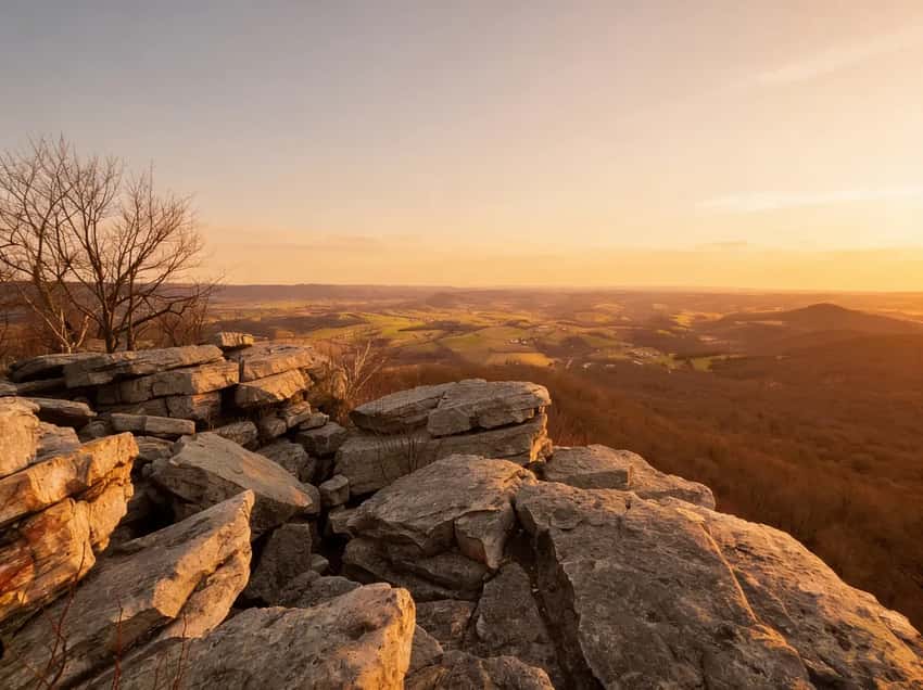 The flat boulder field at The Pinnacle overlook, with the Lehigh Valley and Blue Mountain ridge spreading out below.