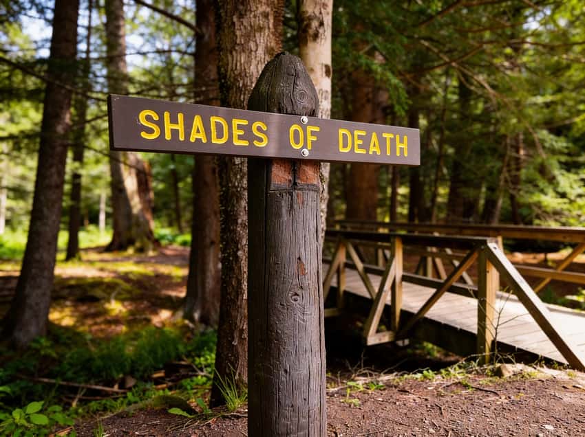 The Shades of Death trailhead sign at Hickory Run State Park