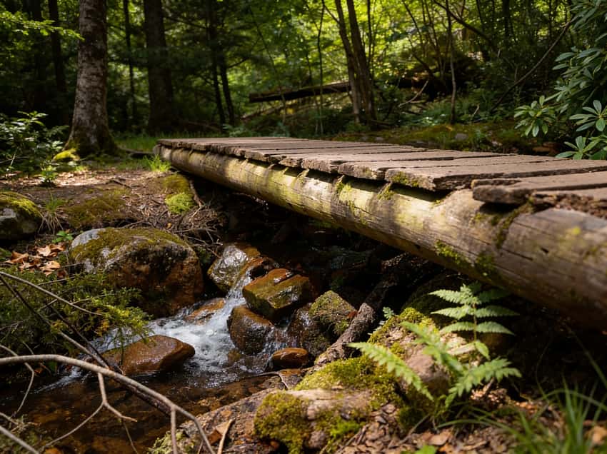 A wooden bridge crossing Sand Spring Run on the Shades of Death trail
