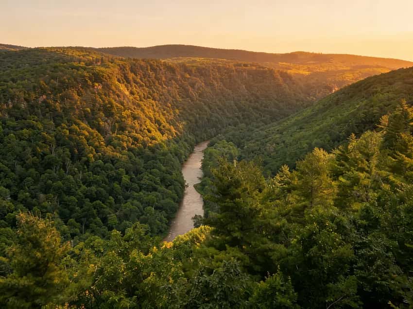 A steep, cascading waterfall slicing through the deep gorge wall along the Turkey Path in the PA Grand Canyon.