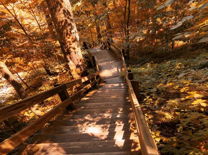 Turkey Path Trail stairs and wooden decks descending through the PA Grand Canyon